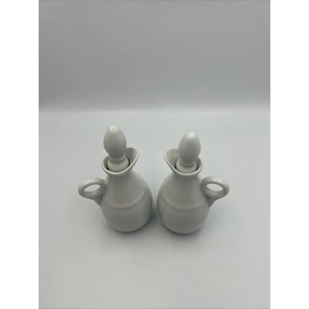Pillivuyt Barrel Oil Vinegar Cruet Set 2 White Porcelain France w/Stoppers - EUC